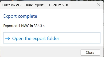 Bulk Export complete dialog reporting the export count, with an Open the export folder button