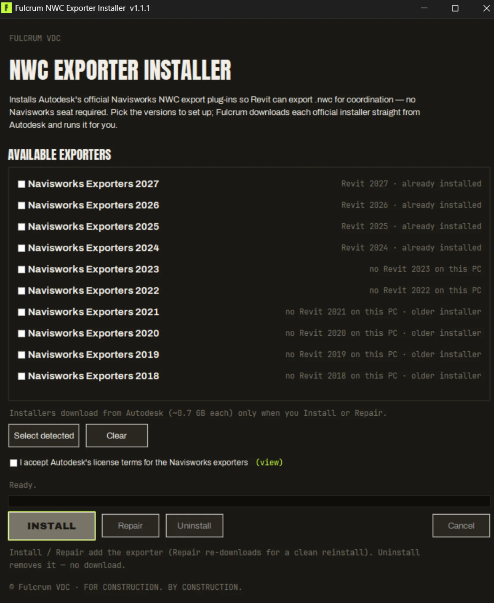 Fulcrum NWC Exporter Installer window listing Navisworks Exporters 2018 through 2027 with per-version status