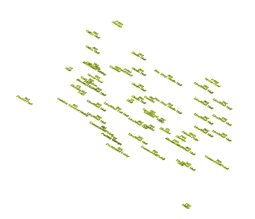 Dozens of 3D room-number and name tags laid out across a Revit model, isolated in an export view